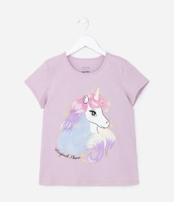 Camiseta Infantil com Estampa Unicórnio com Glitter - Tam 5 A 14 Anos