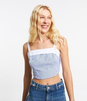 Blusa em Tricoline com Alça Contrastante e Listras em Fio Tinto