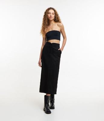 Saia New Midi em Suede com Cós Alfaiatado e Bolsos