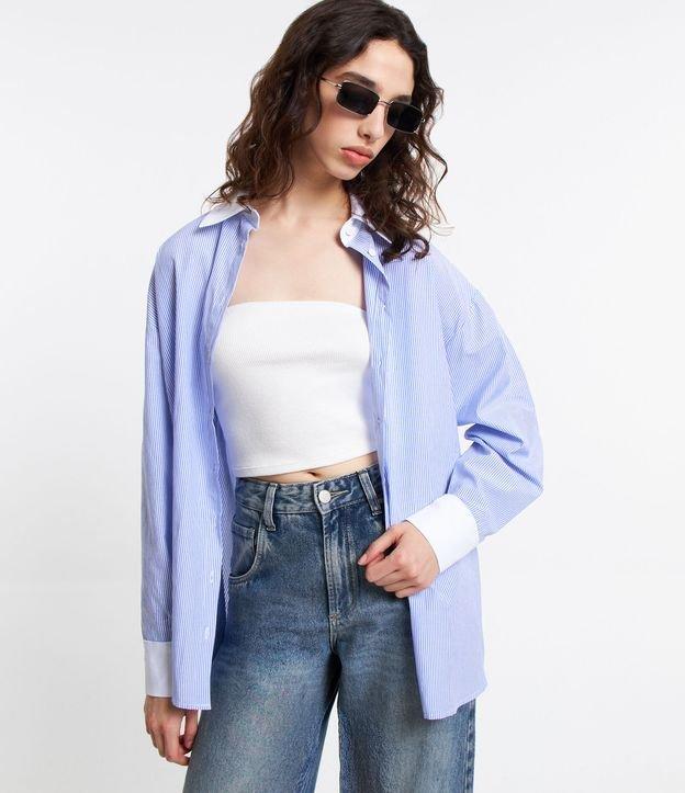 Camisa em Tricoline com Listras e Gola e Punhos Contrastantes - 1