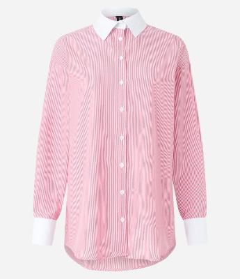 Camisa em Tricoline com Listras e Gola e Punhos Contrastantes