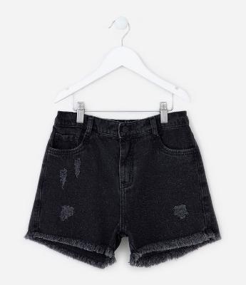 Short Cintura Alta Infantil em Jeans com Glitter - Tam 5 A 14 Anos