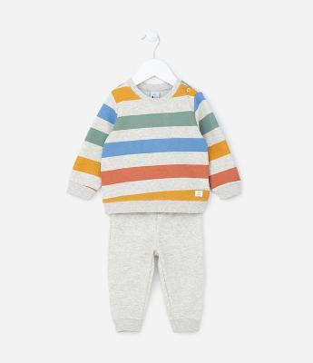 Conjunto Infantil em Algodão com Estampa de Listras - Tam 0 a 18 meses