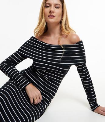 Vestido Ombro a Ombro em Malha Ribana com Estampa Listrada