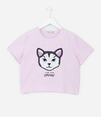Camiseta Cropped com Bordado em Paetê - Tam 5 A 14 Anos