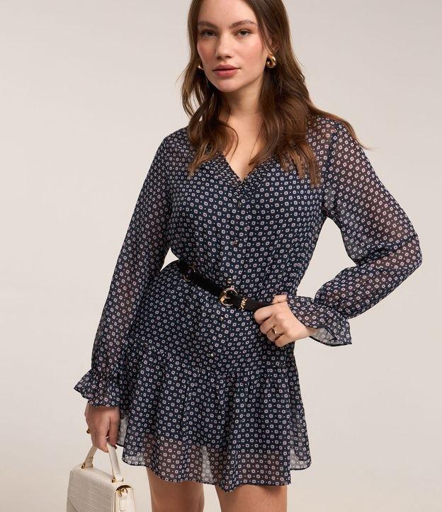 Vestido Curto em Chiffon com Manga Evasê e Estampa Abstrata - 1
