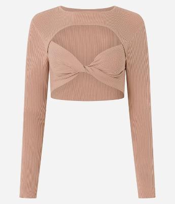 Blusa Cropped em Tricô Canelado com Cut Out e Busto Torcido