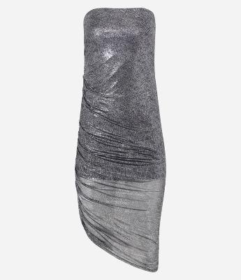 Vestido Midi Tomara que Caia em Tule Metalizado com Barra Assimétrica