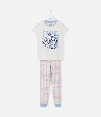 Pijama Infantil Longo em Algodão Estampa Stitch e Angel - Tam 5 a 14 anos