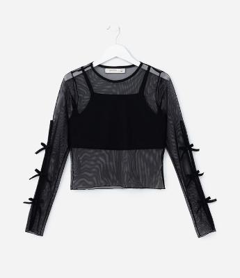 Blusa Infantil com Sobreposição e Lacinhos nas Mangas - Tam 5 a 14 Anos