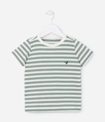 Camiseta Regular Infantil em Algodão Estampa Listras com Bordado - Tam 1 a 5 anos
