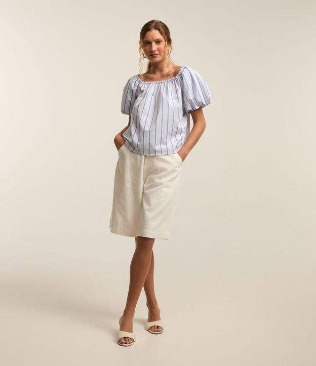 Blusa Ciganinha em Tricoline com Manga Balonê e Estampa Listras - 1