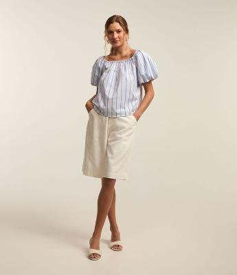 Blusa Ciganinha em Tricoline com Manga Balonê e Estampa Listras