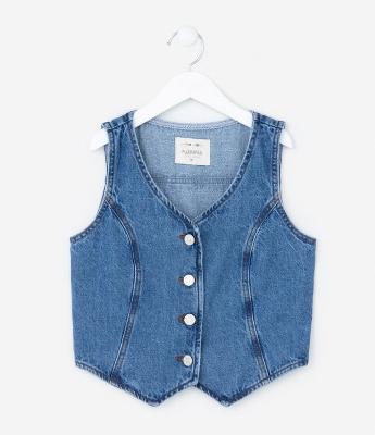Colete Infantil em Jeans com Franjas em Strass - Tam 5 a14 Anos