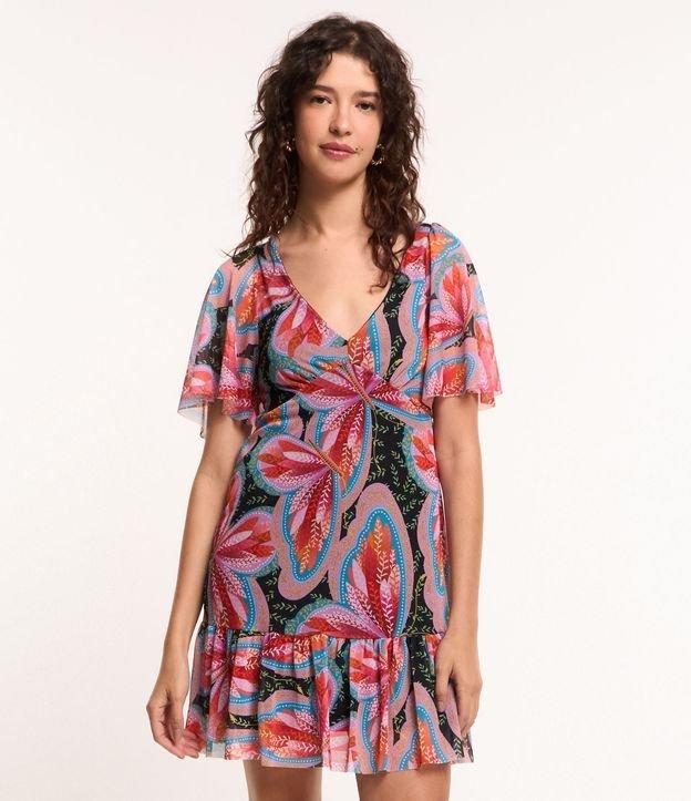 Vestido Curto em Tule com Babado e Estampa Borboletas - 1