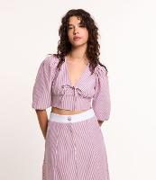 Blusa Cropped em Tricoline Listrado com Manga 3/4 e Fio Tinto - 1