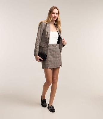 Saia Alfaiatada com Cinto Fivela e Estampa Xadrez Príncipe de Gales