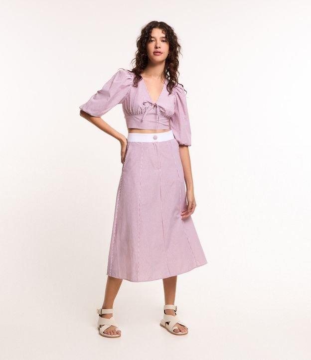 Saia Midi em Tricoline com Listras em Fio Tinto - 1