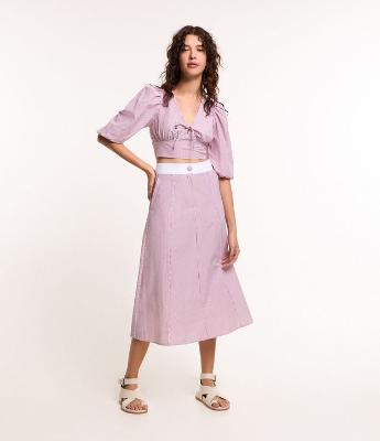 Saia Midi em Tricoline com Listras em Fio Tinto