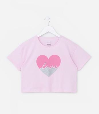 Camiseta Cropped Infantil com Estampa Coração - Tam 5 a 14 Anos