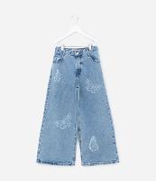 Calça Wide Leg Infantil Jeans com Estampa de Borboletas - Tam 4 a 14 Anos - 1