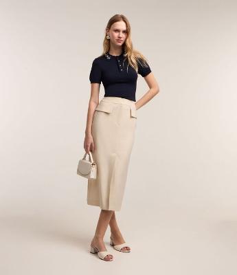 Saia Reta Midi Alfaiatada com Lapelas e Fenda