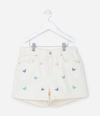 Short Infantil em Jeans com Bordado de Borboletinhas - Tam 5 a 14 Anos