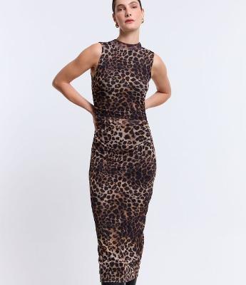 Vestido Tubinho Midi em Tule com Gola Alta e Estampa Oncinha