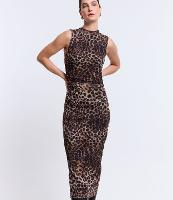 Vestido Tubinho Midi em Tule com Gola Alta e Estampa Oncinha - 1