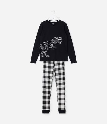 Pijama Infantil Longo em Algodão Estampa Dino - Tam 5 a 14 anos