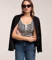 Blusa Regata em Ribana com Abotoamento e Estampa Listrada - 1