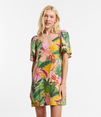Vestido Curto em Viscose com Linho com Estampa Folhagens