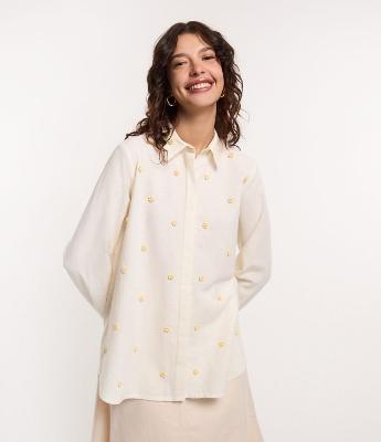 Camisa Alongada em Viscose com Linho e Bordado de Miçangas