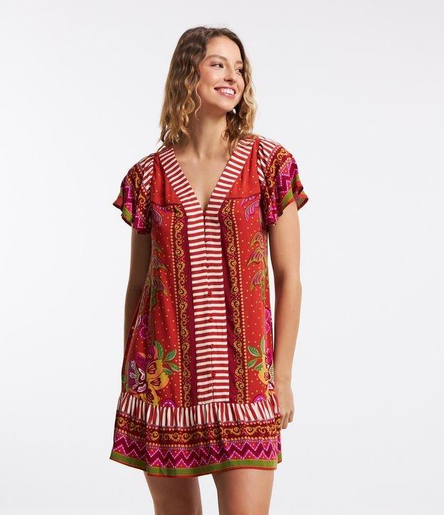 Vestido Curto em Viscose Floral com Botões - 1