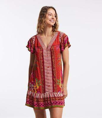 Vestido Curto em Viscose Floral com Botões