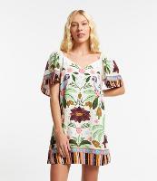 Vestido Curto em Viscose com Linho Manga Ampla e Estampa Floral com Caju - 1