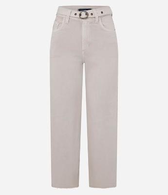 Calça Reta Cropped em Sarja com Cinto Afivelado