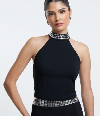 Blusa Cropped em Bengaline com Paetês no Decote Halter