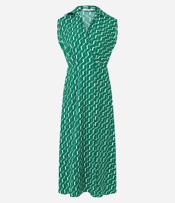 Vestido Midi Evasê Sem Manga em Crepe com Estampa Geométrica