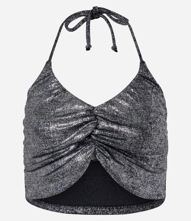 Blusa Cropped Metalizado com Decote Halter e Franzidinho - 1
