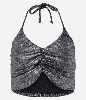 Blusa Cropped Metalizado com Decote Halter e Franzidinho