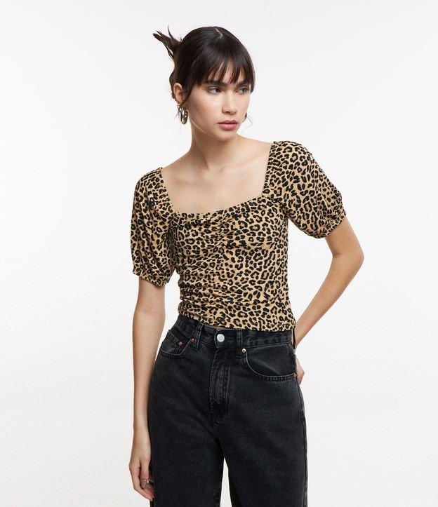 Blusa em Ribana com Manga Bufante e Estampa Animal Print - 1