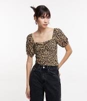Blusa em Ribana com Manga Bufante e Estampa Animal Print - 1