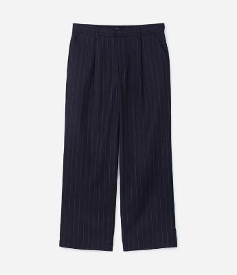 Calça Wide Leg em Sarja Listrada com Riscas de Giz