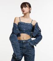 Top de Alça em Jeans com Bolinhas Brilhantes de Strass - 1