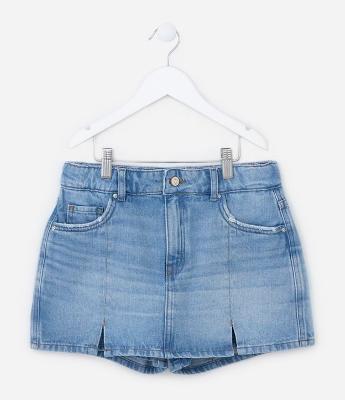 Short Saia Infantil em Jeans com Fendinhas - Tam 5 a 14 Anos