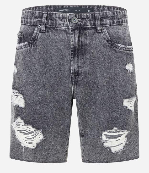 Bermuda Slim em Jeans Destroyed com Barra Cortada - 1