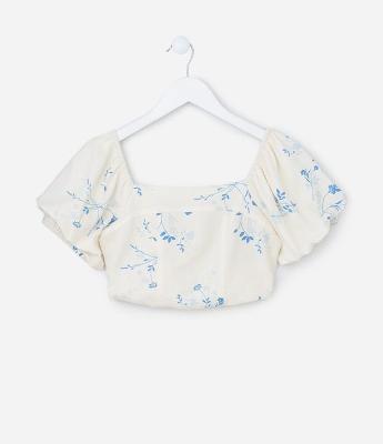 Blusa Cropped Infantil em Viscolinho com Mangas Bufantes - Tam 5 a 14 Anos