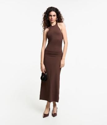 Vestido Midi em Microfibra com Decote Frente Única