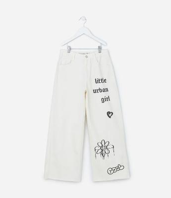 Calça Wide Leg Infantil em Jeans com Estampa Grafitada - Tam 5 a 14 Anos
